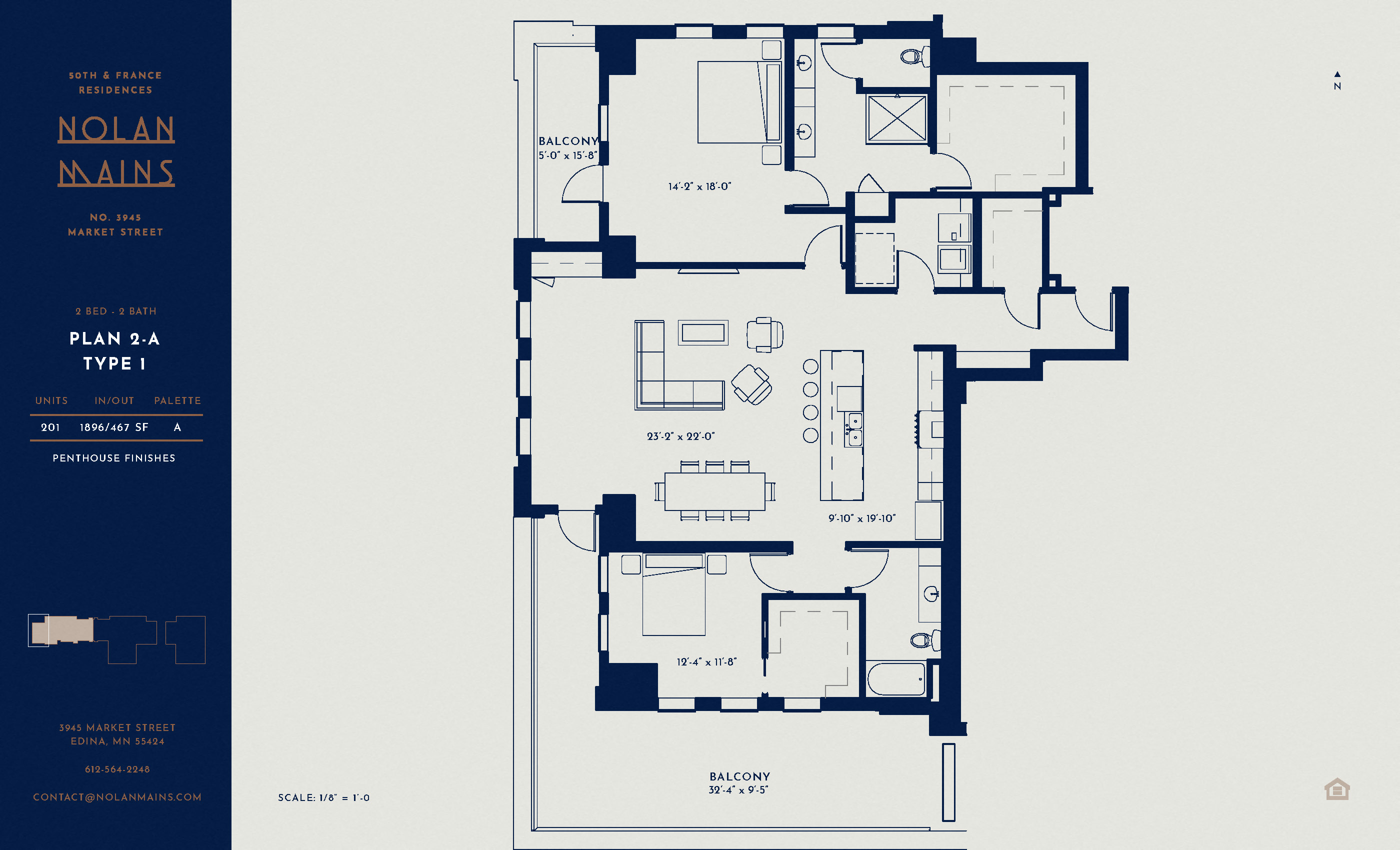 Floor plan for 2 beds, 2 baths, 1896 sqft